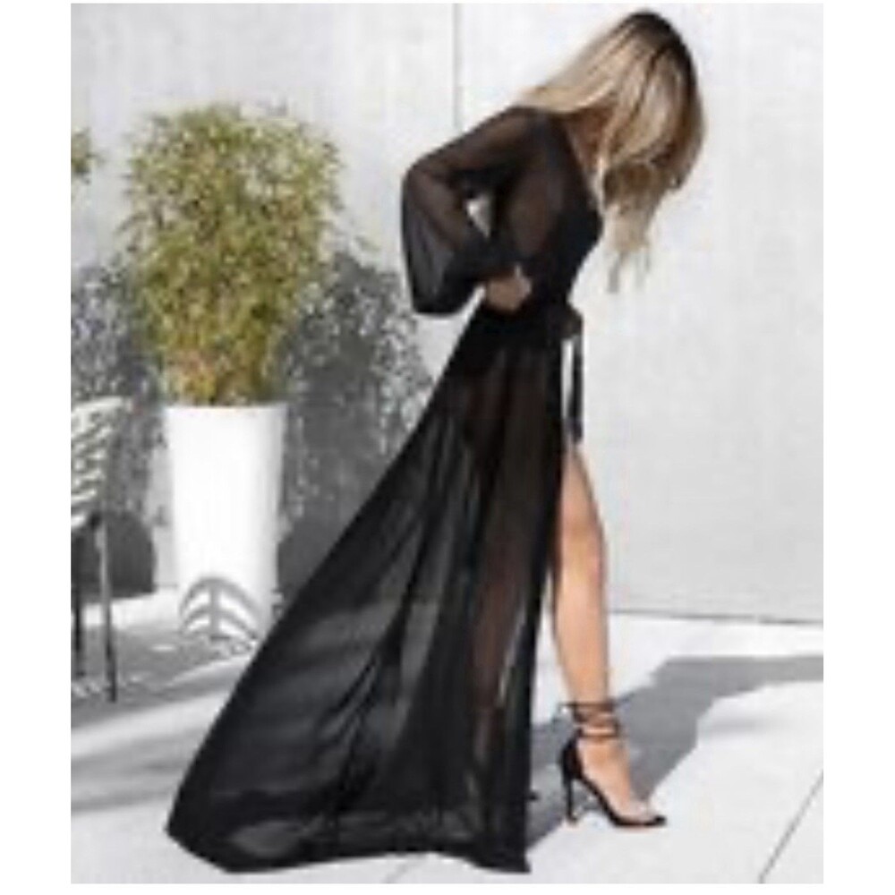 LEG AVENUE Black Sheer Duster Robe Faux Fur Border Sleeves And Hem Size S/M